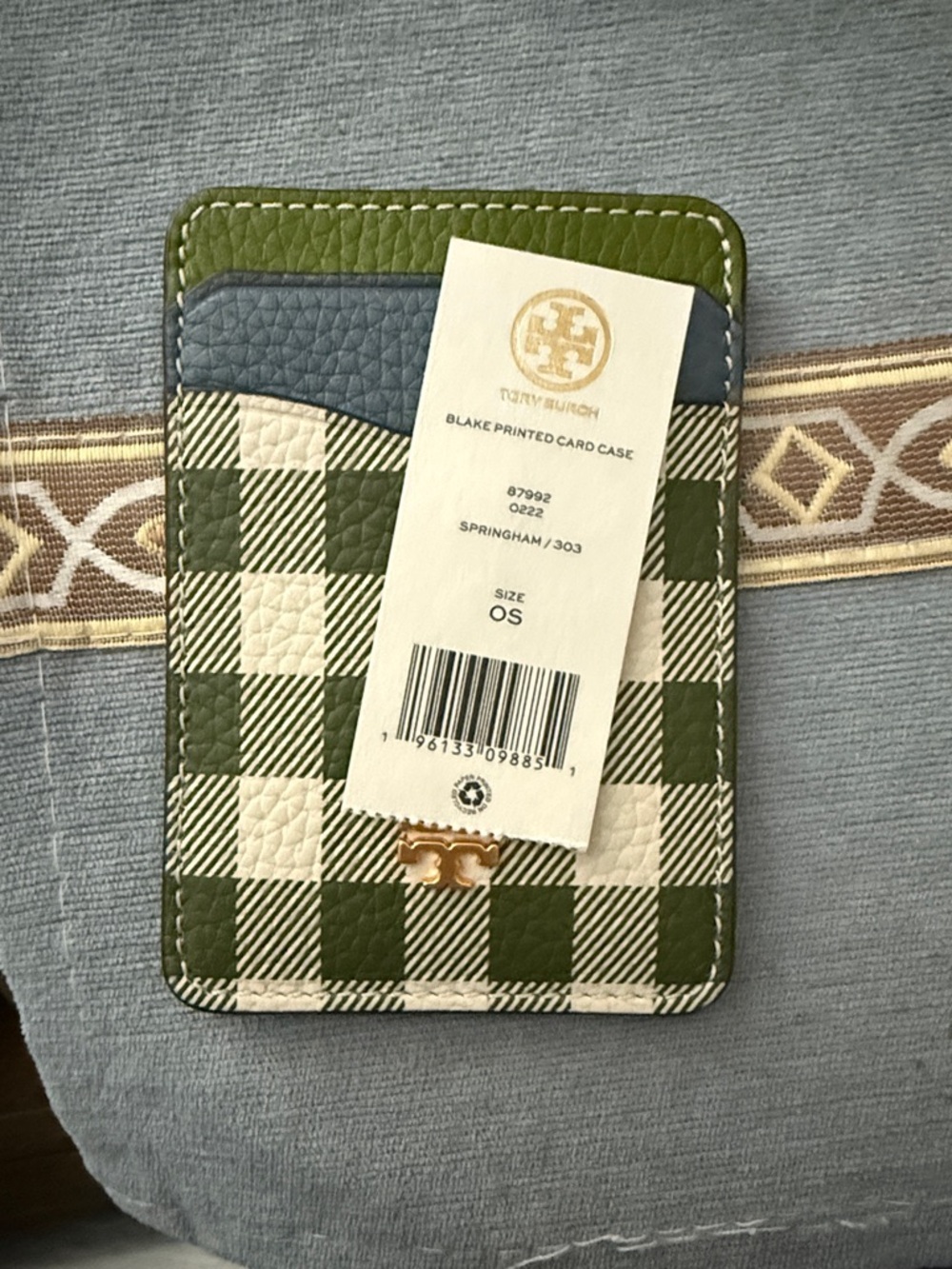 Tory Burch Olive and Cream Check Card Case with Blue Trim - Picture 2 of 3